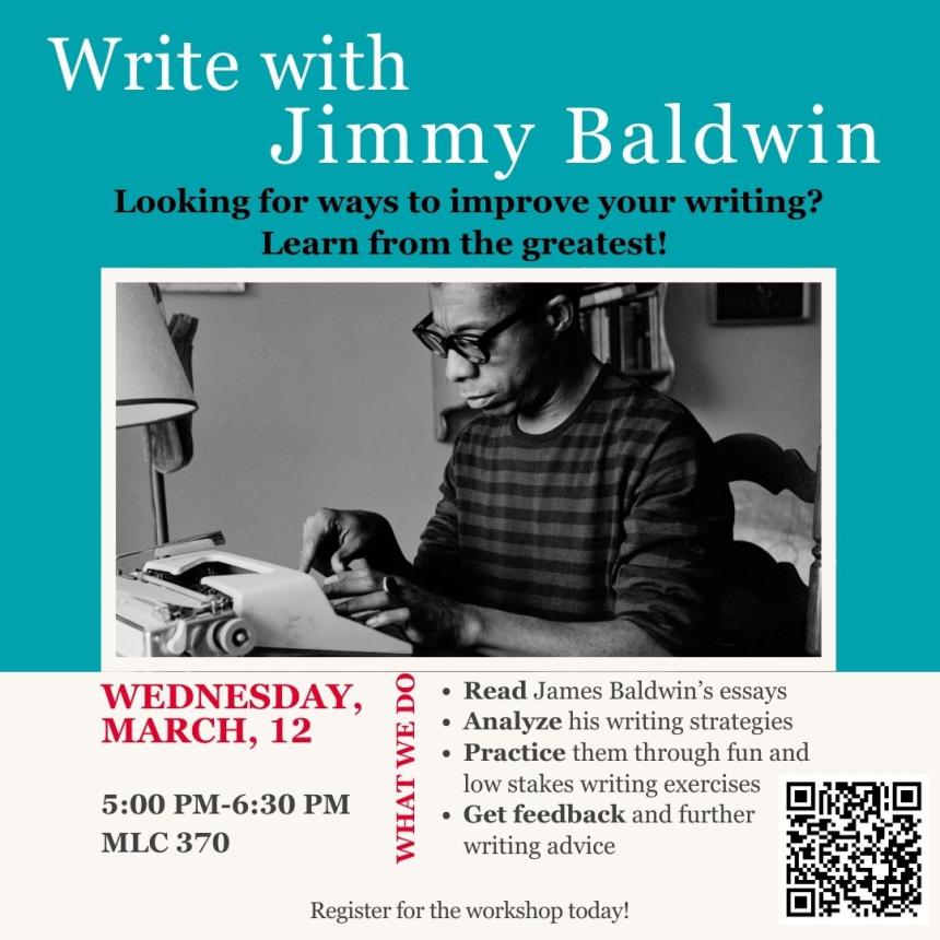 flyer with photo of James Baldwin: text to right