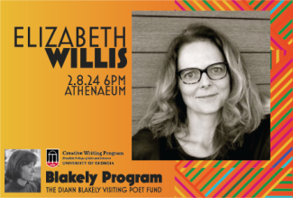 Black and white photograph of Elizabeth Willis on an orange to yellow gradient background with geometric line designs. 