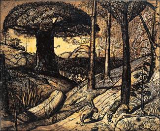 Painting "Early Morning," by Samuel Palmer (1825); pen and ink drawing of a forest scene featuring a large canopied tree and a rabbit by a log in the foreground 